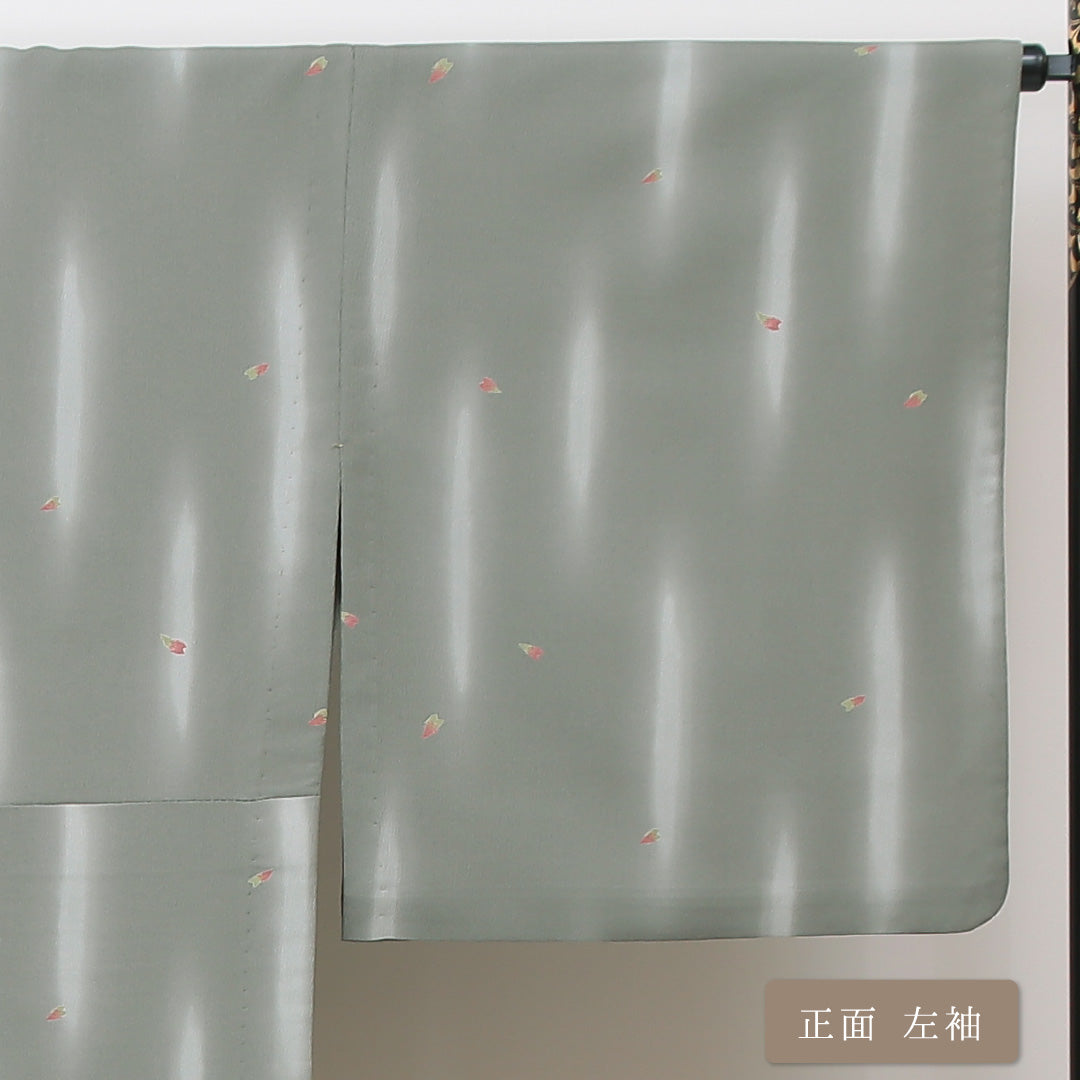 小紋 洗える着物 単衣 身丈163cm 裄丈70cm ポリエステル Sランク Lサイズ 広衿 インフォーマル 花柄 グレー系 緑系 1215-01265