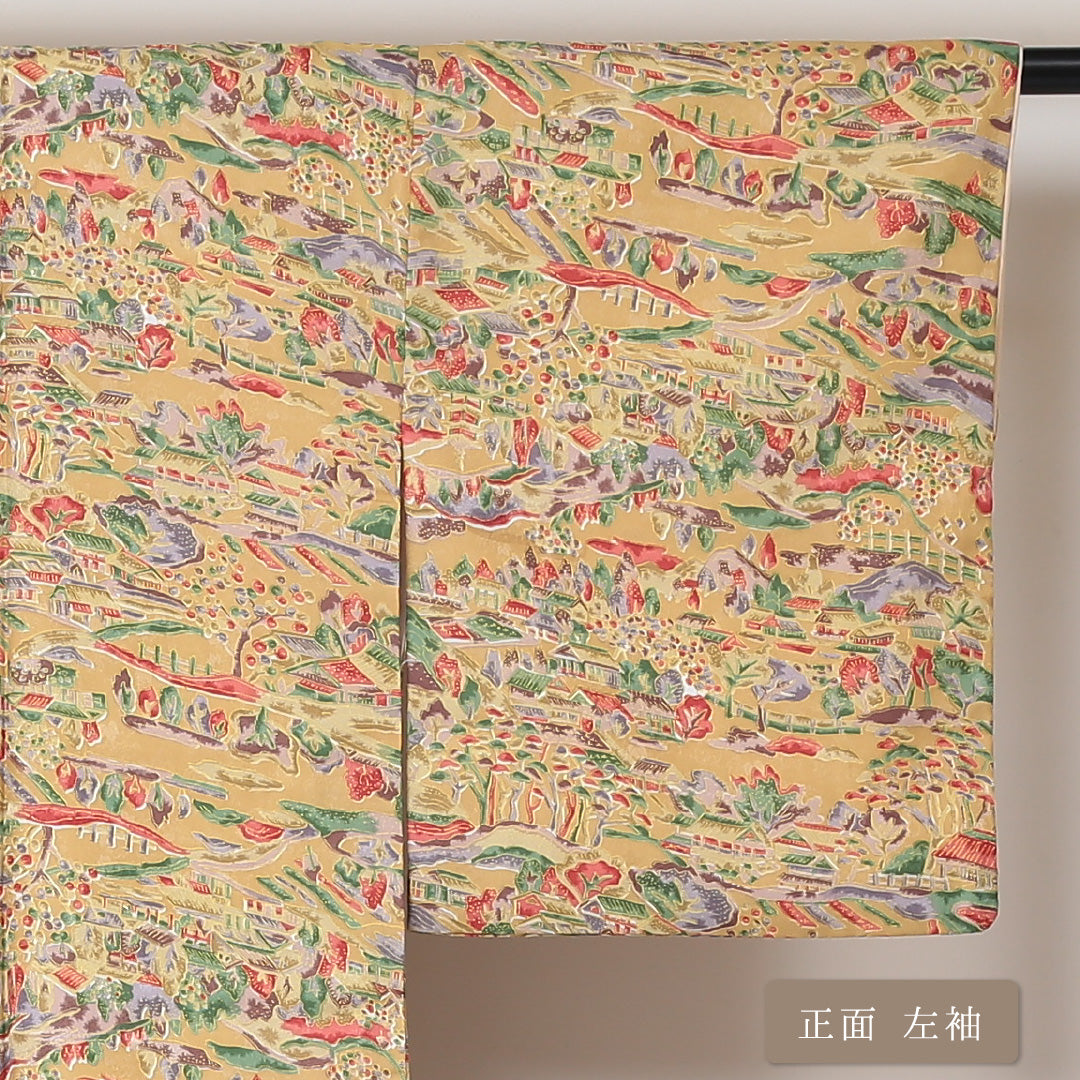 小紋 洗える着物 袷 身丈161cm 裄丈64cm ポリエステル Aランク Lサイズ 広衿 インフォーマル 茶屋辻 黄系 1215-01596