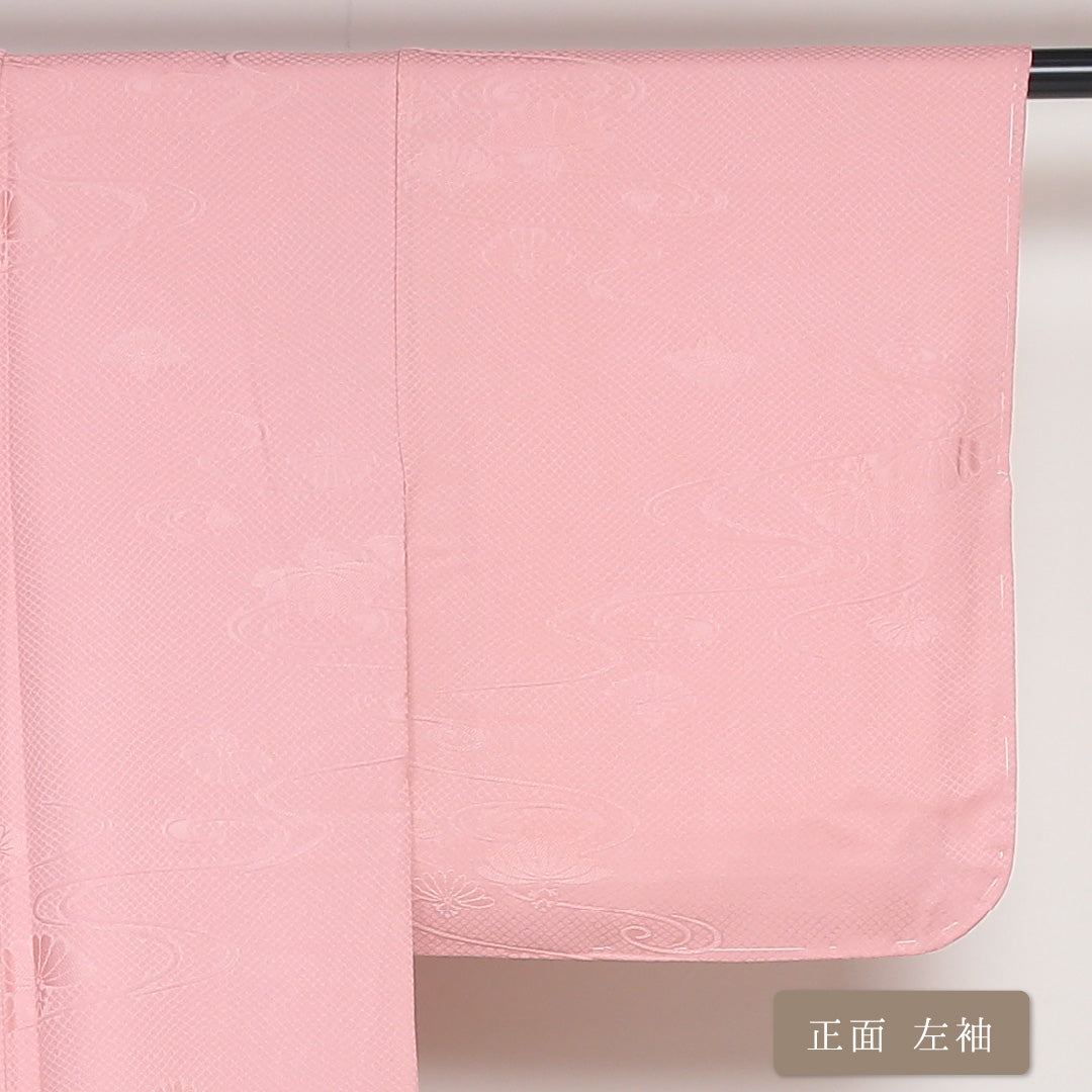 色無地 袷 身丈149cm 裄丈61cm 正絹 Sランク 紋意匠 (流水に菊) インフォーマル 広衿 XSサイズ ピンク系 M4 1219-05174