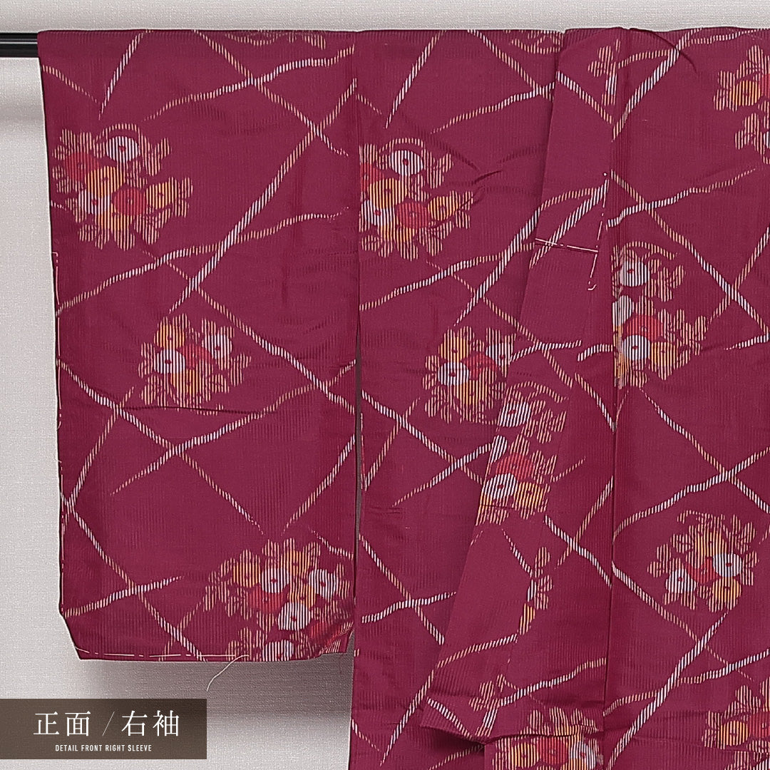 アンティーク 夏物 銘仙の着物 夏物 身丈143cm 裄丈62cm 正絹 Aランク バチ衿 XSサイズ 花柄 ピンク系 RP 1223-13634