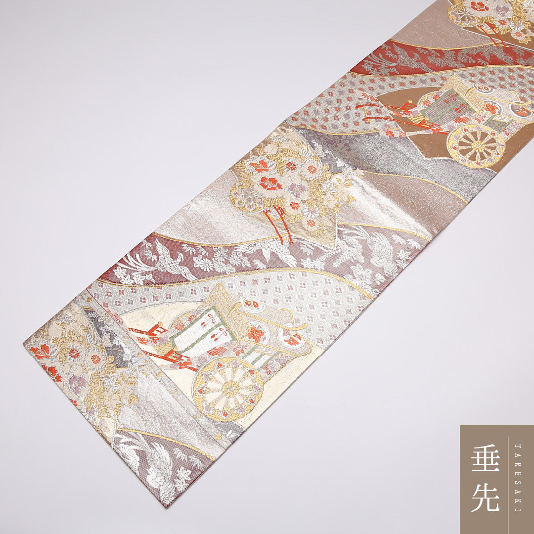 袋帯 帯丈434cm 正絹 六通 金繍功彩文 フォーマル 佐賀錦 御所車 金系 1243-01047