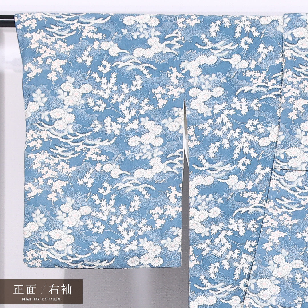 小紋 袷 身丈152cm 裄丈62cm 正絹 Sランク インフォーマル 広衿 Sサイズ 菊 紅葉 青系 RP 1221-11566