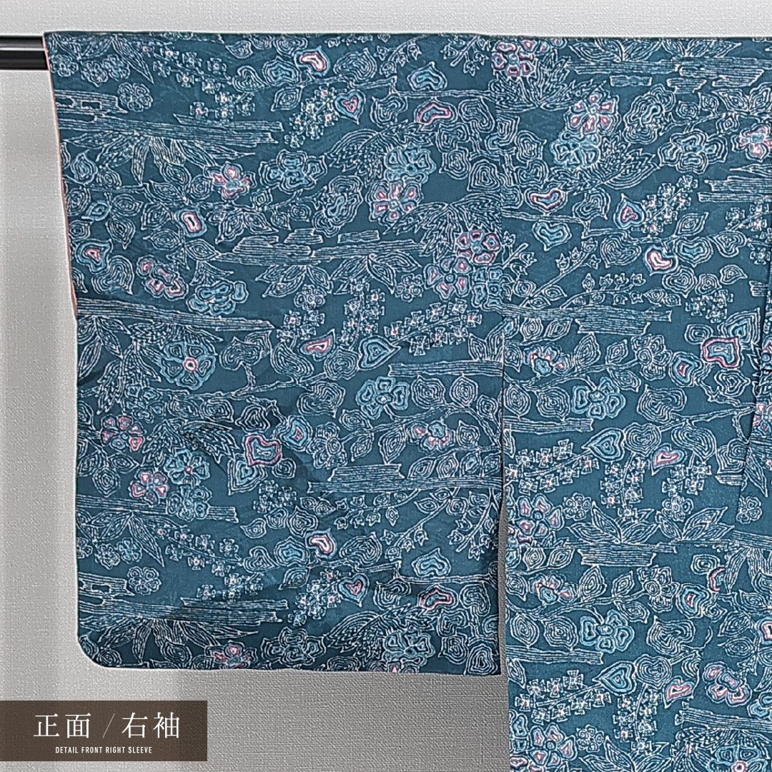 アンティーク 小紋 袷 身丈149cm 裄丈64cm 正絹 Aランク 広衿 XSサイズ 植物柄 青系 RP 1221-14794