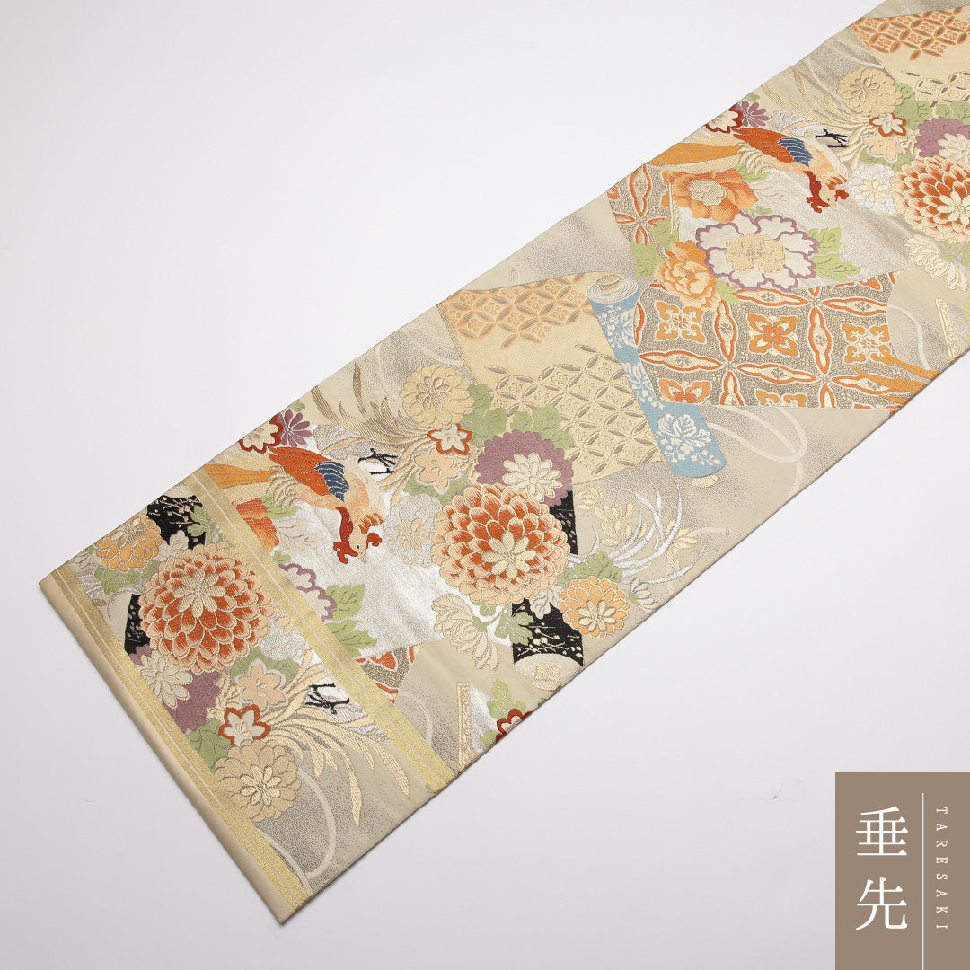 アンティーク 丸帯 帯丈412cm 正絹 全通 唐織 鳳凰 花鳥文 クリーム系 1242-01376