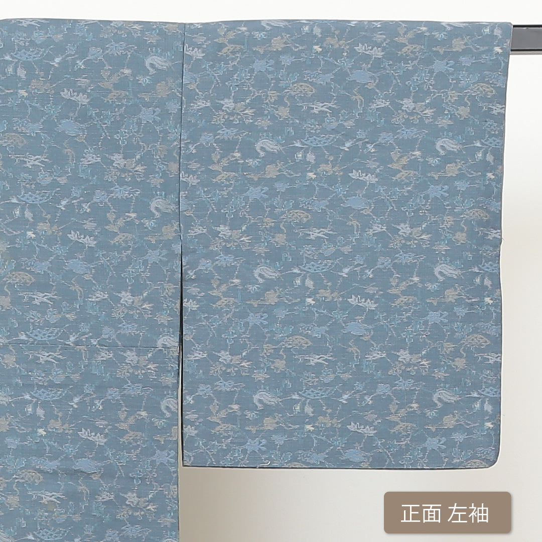 紬 袷 身丈147cm 裄丈63cm 正絹 Aランク XSサイズ 広衿 カジュアル 花鳥風月 青系 1216-02829