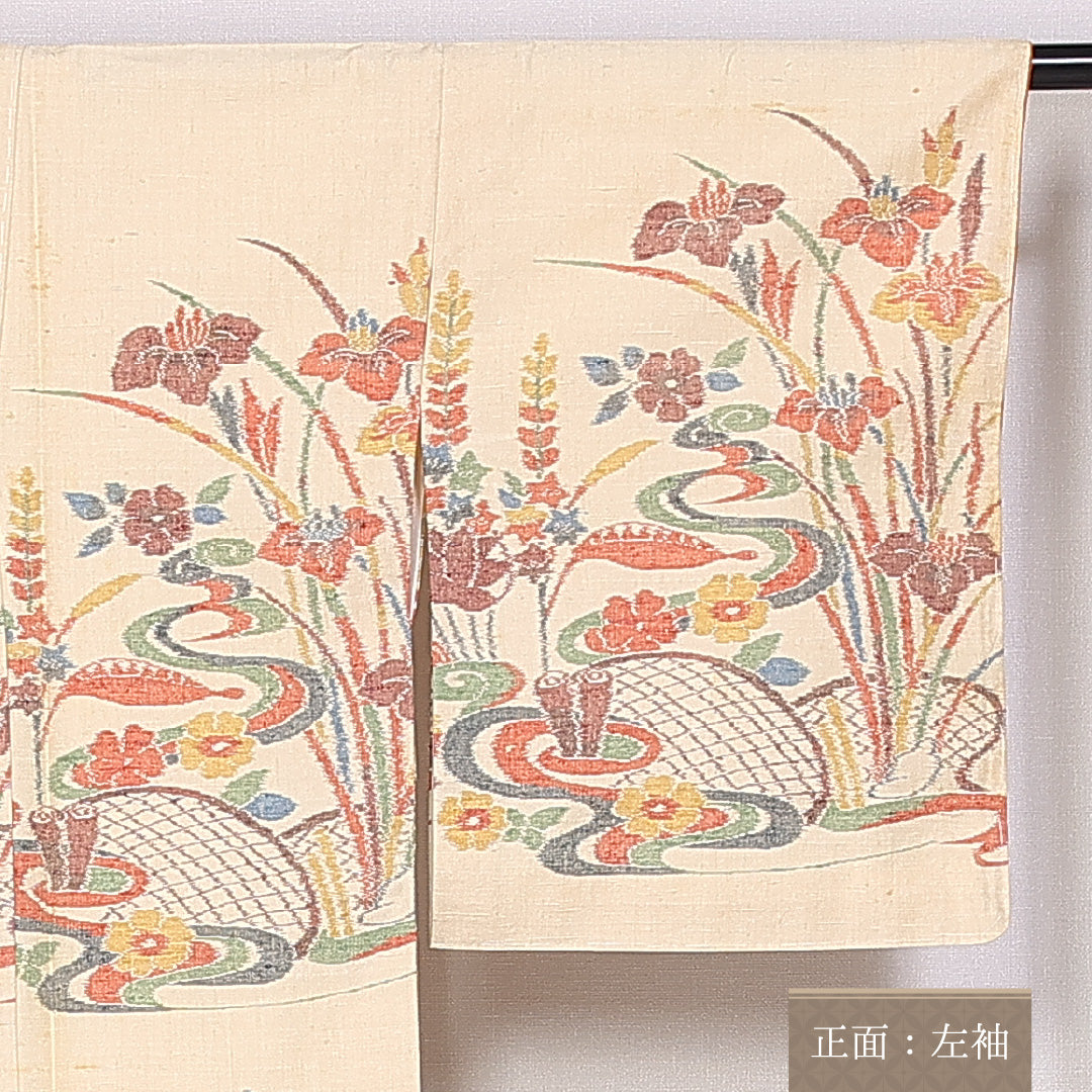 紬 身丈158cm 裄丈63.5cm Cランク 袷 正絹 広衿 付下げ 菖蒲 桐 鳥 真綿紬 1216-10104