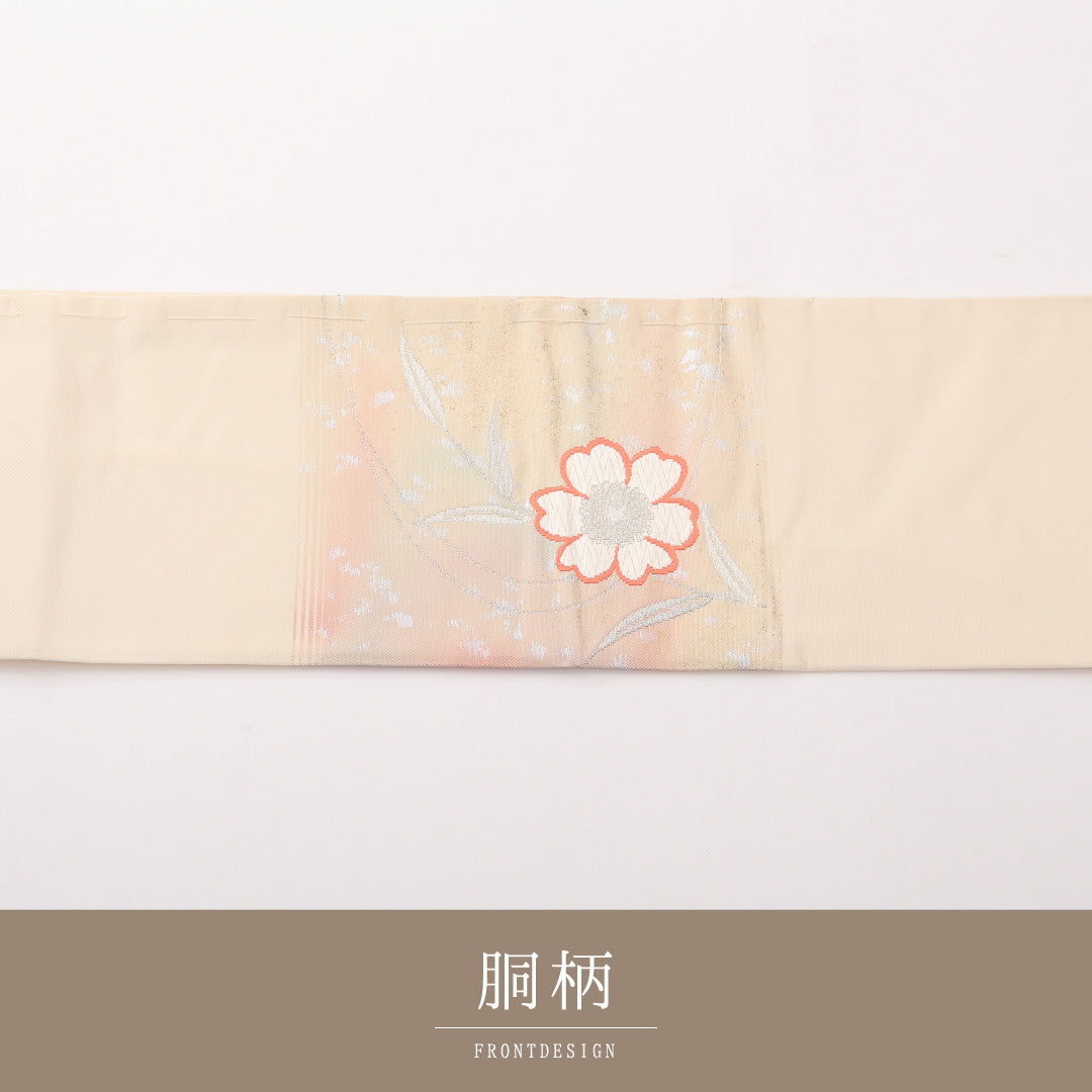 九寸名古屋帯 Sランク 帯丈353cm 正絹 ポイント柄 名古屋仕立て 織り セミフォーマル 桜 クリームに近い淡いピンク系 RP 1245-02313