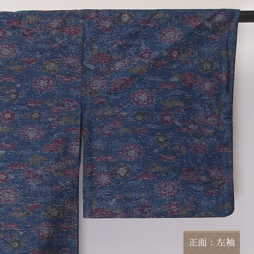 紬 単衣 身丈150cm 裄64cm ウール 洗える着物 ボタニカル 青系 Aランク 1216-00967