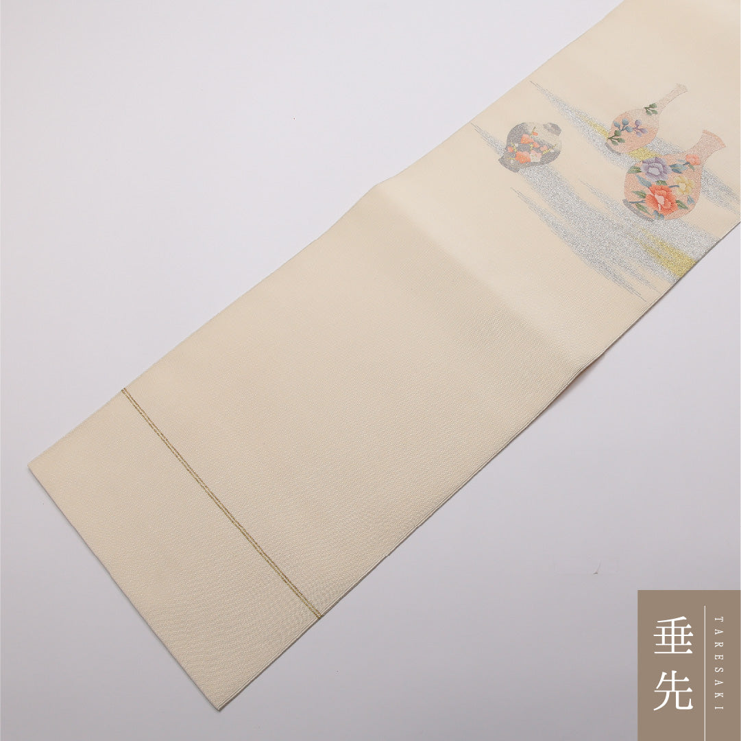 八寸名古屋帯 Sランク 帯丈360cm 正絹 ポイント柄 松葉仕立て 織り インフォーマル ガード加工 壽光織 花瓶 牡丹 クリーム系 SR 1245-01752