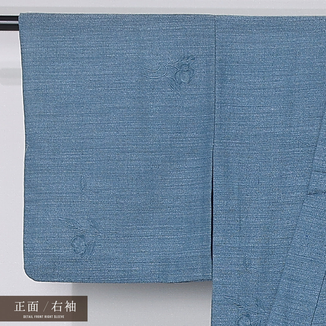 紬 身丈149cm 裄丈62cm Aランク XS ウール 洗える着物 単衣 バチ衿 花柄 カジュアル 青系 1216-12372
