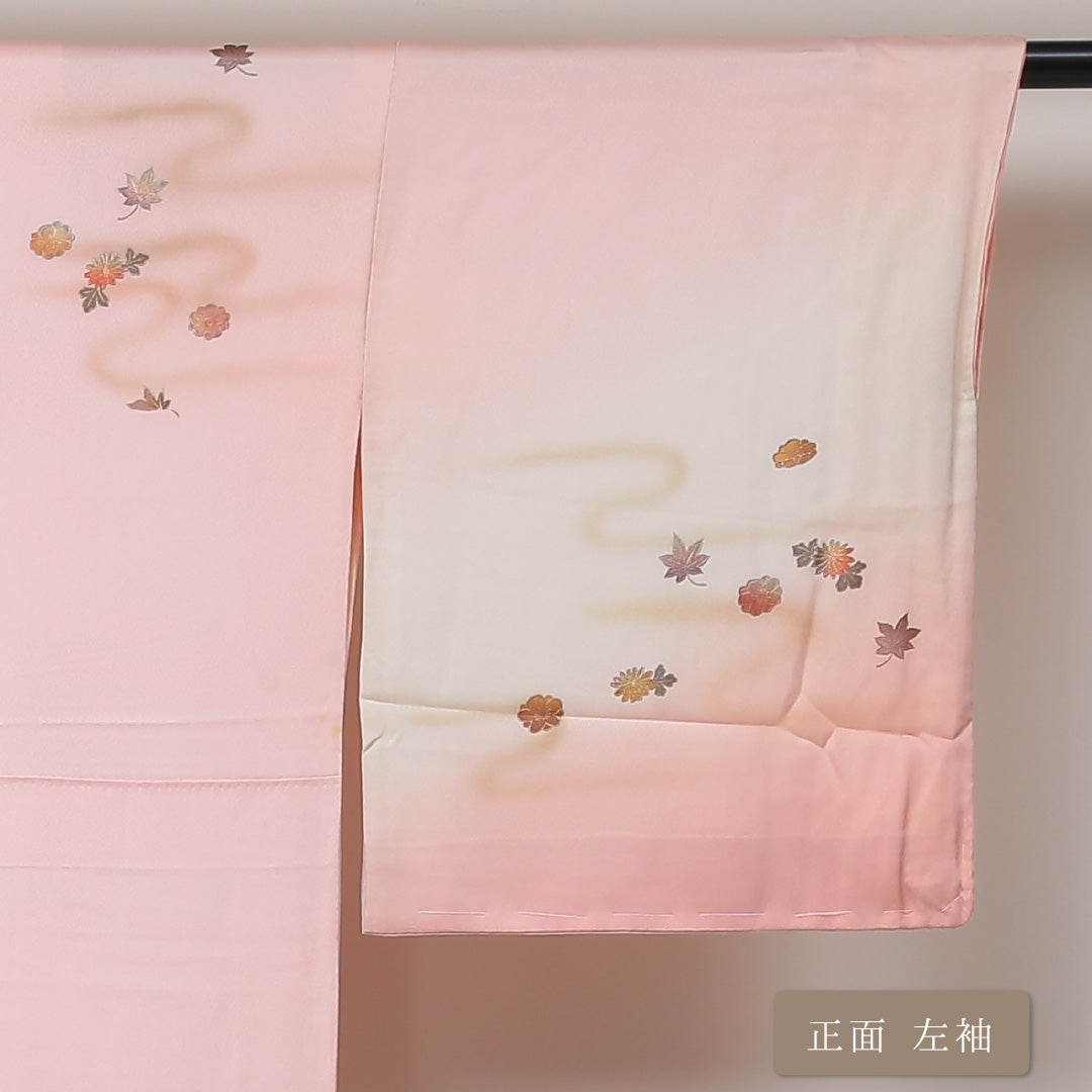 訪問着 袷 身丈155cm 裄丈65cm 正絹 Aランク セミフォーマル 広衿 Mサイズ ぼかし染 金彩 落款 花籠 エ霞 ピンク系 RP 1217-04336