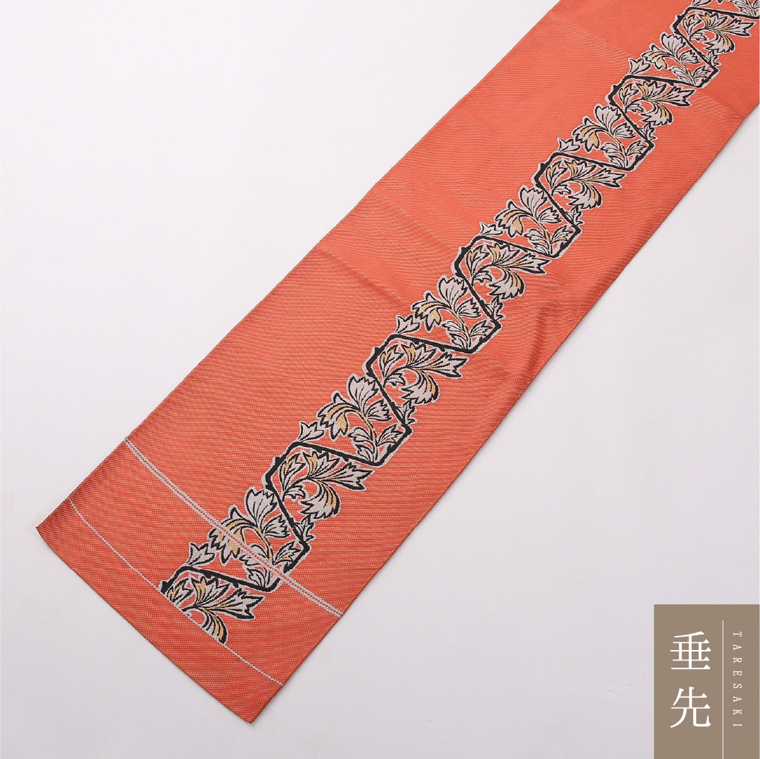 八寸名古屋帯 Cランク 帯丈359cm 正絹 六通 松葉仕立て 帯芯なし 織り カジュアル 唐華 朱系 GP 1245-02365