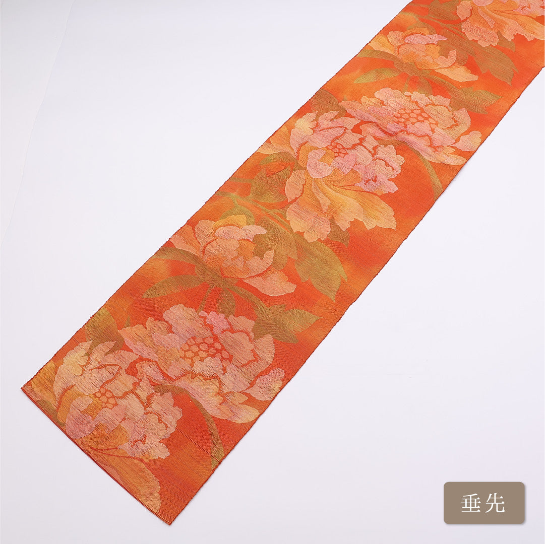 八寸名古屋帯 Sランク 帯丈328cm 正絹 六通 松葉仕立て 織り カジュアル 紬 牡丹 朱系 LP 1245-01320