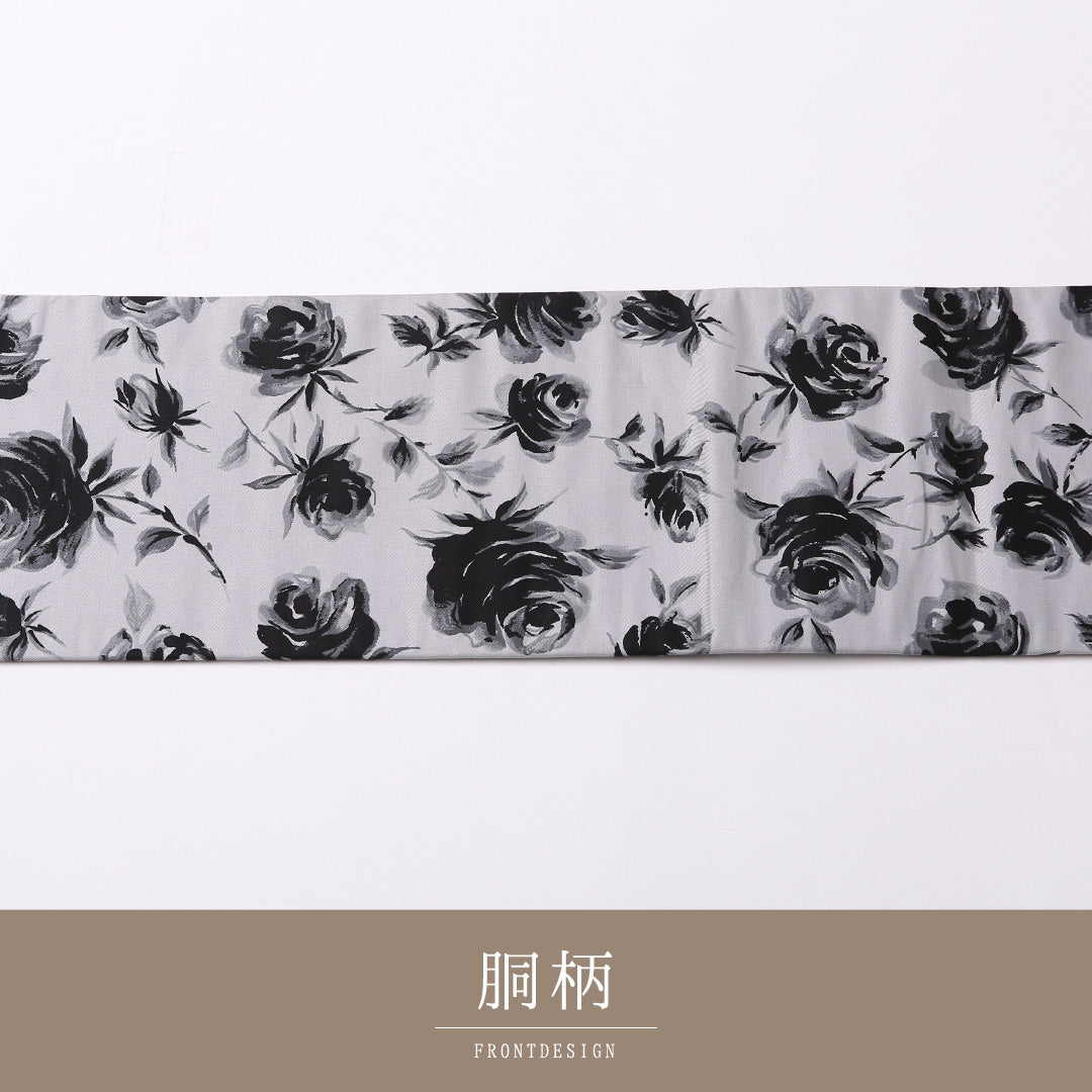 九寸 名古屋帯 帯丈333cm 名古屋仕立て 全通 Cランク カジュアル 正絹 薔薇 写実的 モダン グレー系 1224-02778