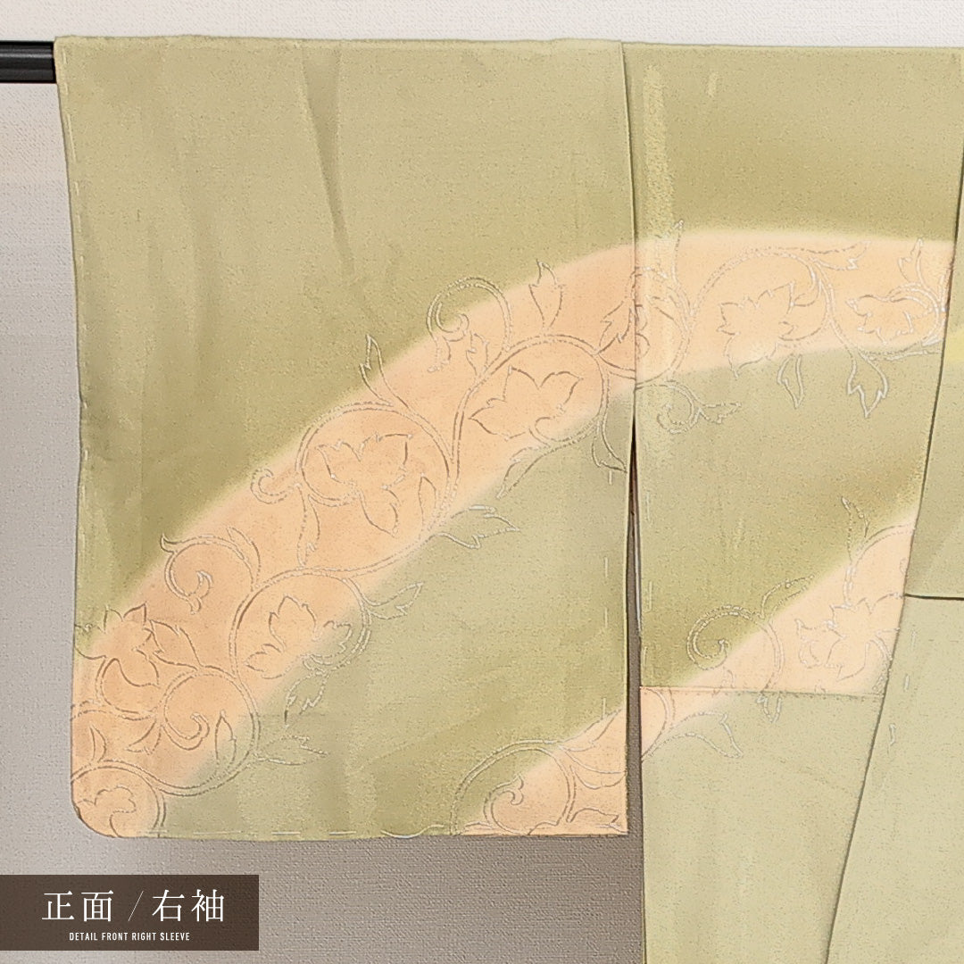 洗える着物 訪問着 袷 身丈155cm 裄丈64cm ポリエステル Aランク 一つ紋 (丸に違い鷹の羽) セミフォーマル 広衿 Mサイズ 創作柄 金系 RP 1217-13982