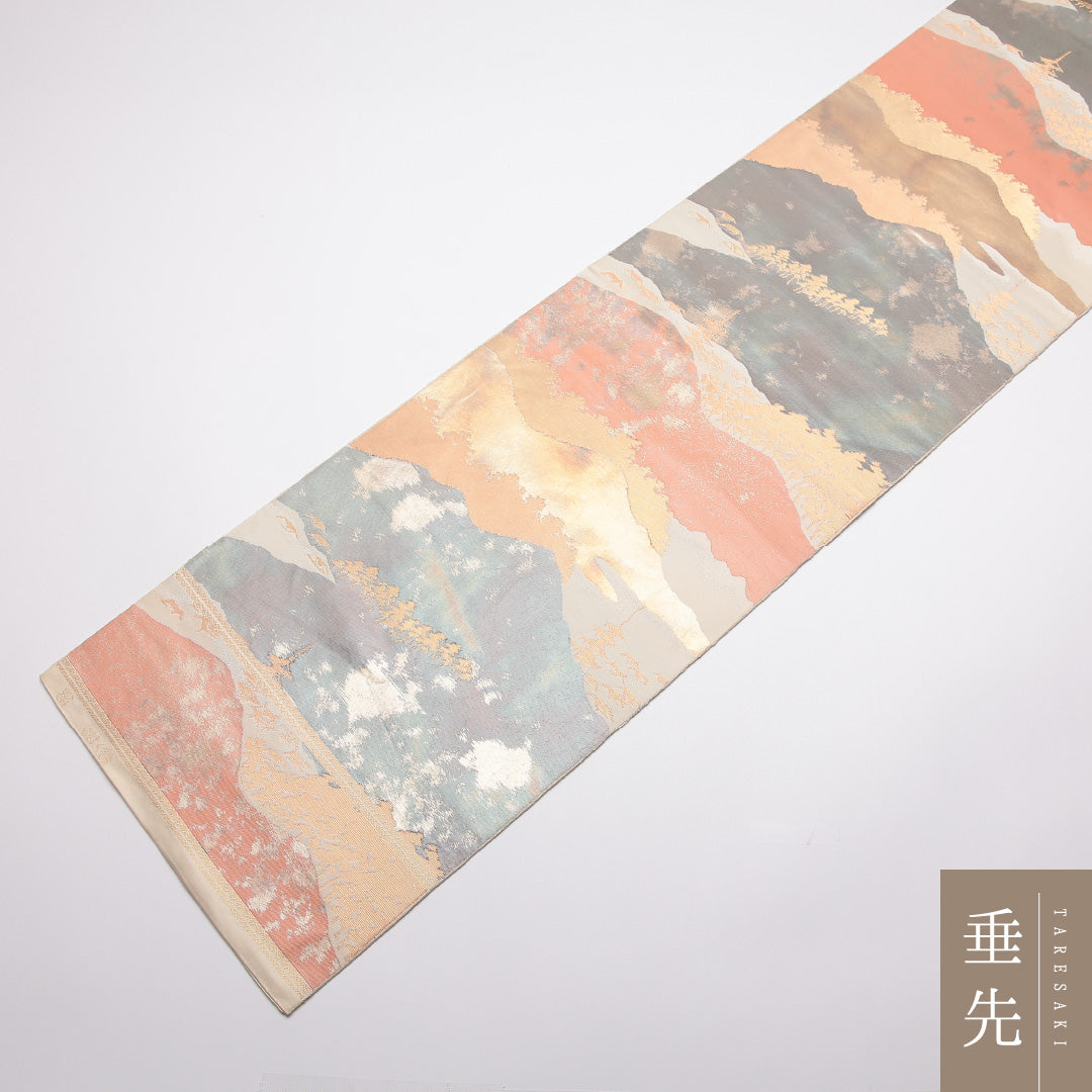 袋帯 帯丈422cm 正絹 六通 川島織物 セミフォーマル こはく錦 寺社 遠山 落款 クリーム系 1243-01332