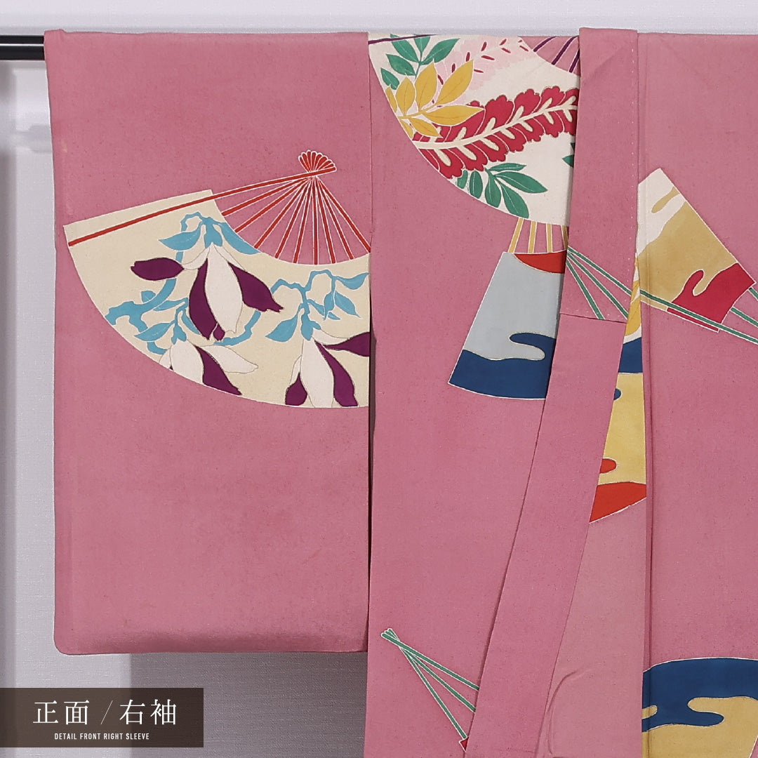 アンティーク 小紋 袷 身丈152cm 裄丈64cm 正絹 Cランク バチ衿 Sサイズ 扇 ピンク系 M4 1221-11814