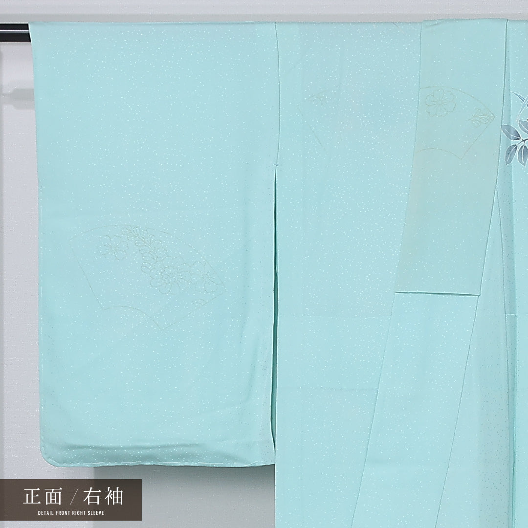 付下げ 身丈162cm 裄丈64cm Aランク L 正絹 単衣 広衿 扇 藤 インフォーマル 水色系 1261-12311