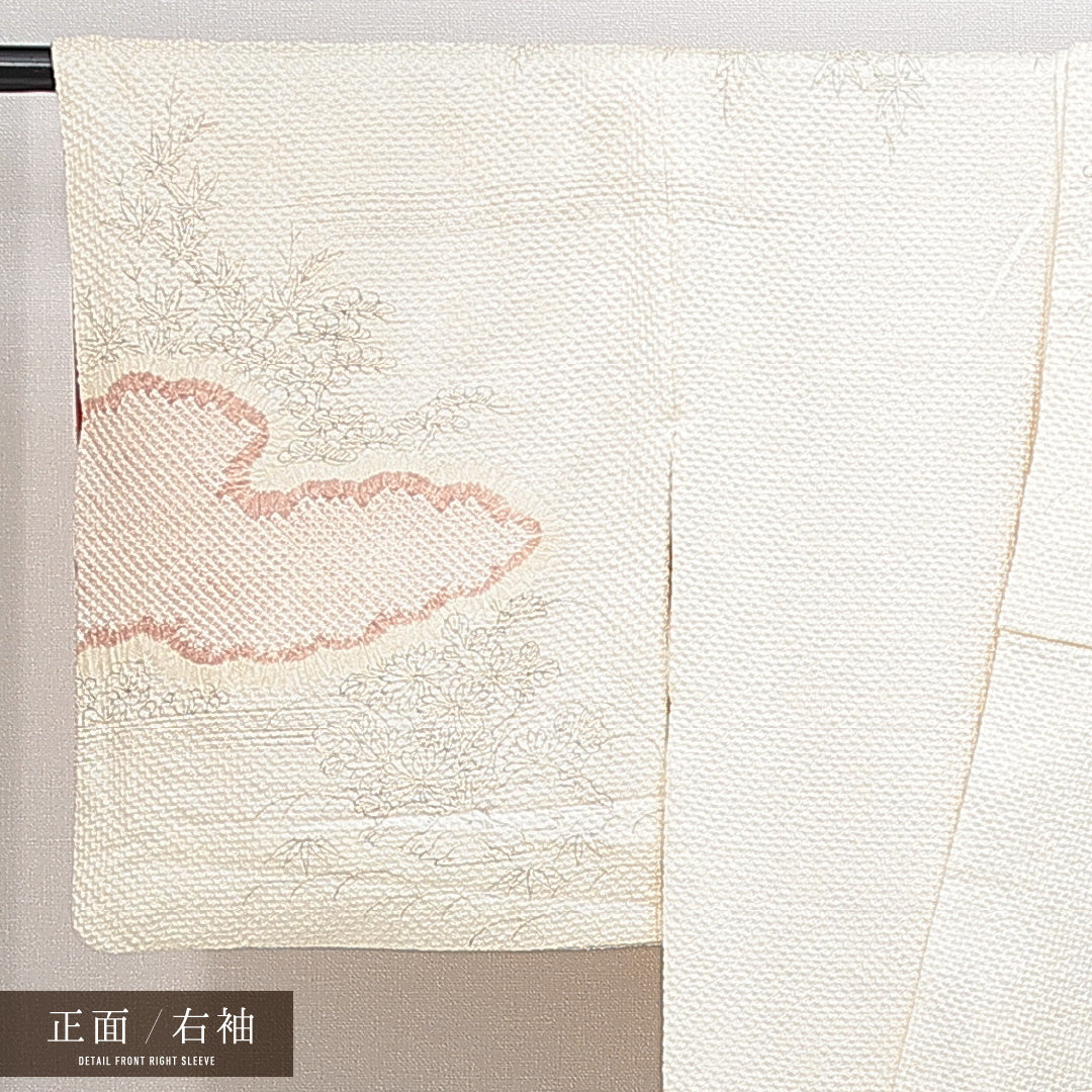 付下げ(総絞り) 袷 身丈158cm 裄丈60cm 正絹 Bランク Mサイズ 広衿 セミフォーマル 雲取り クリーム系 1261-14871