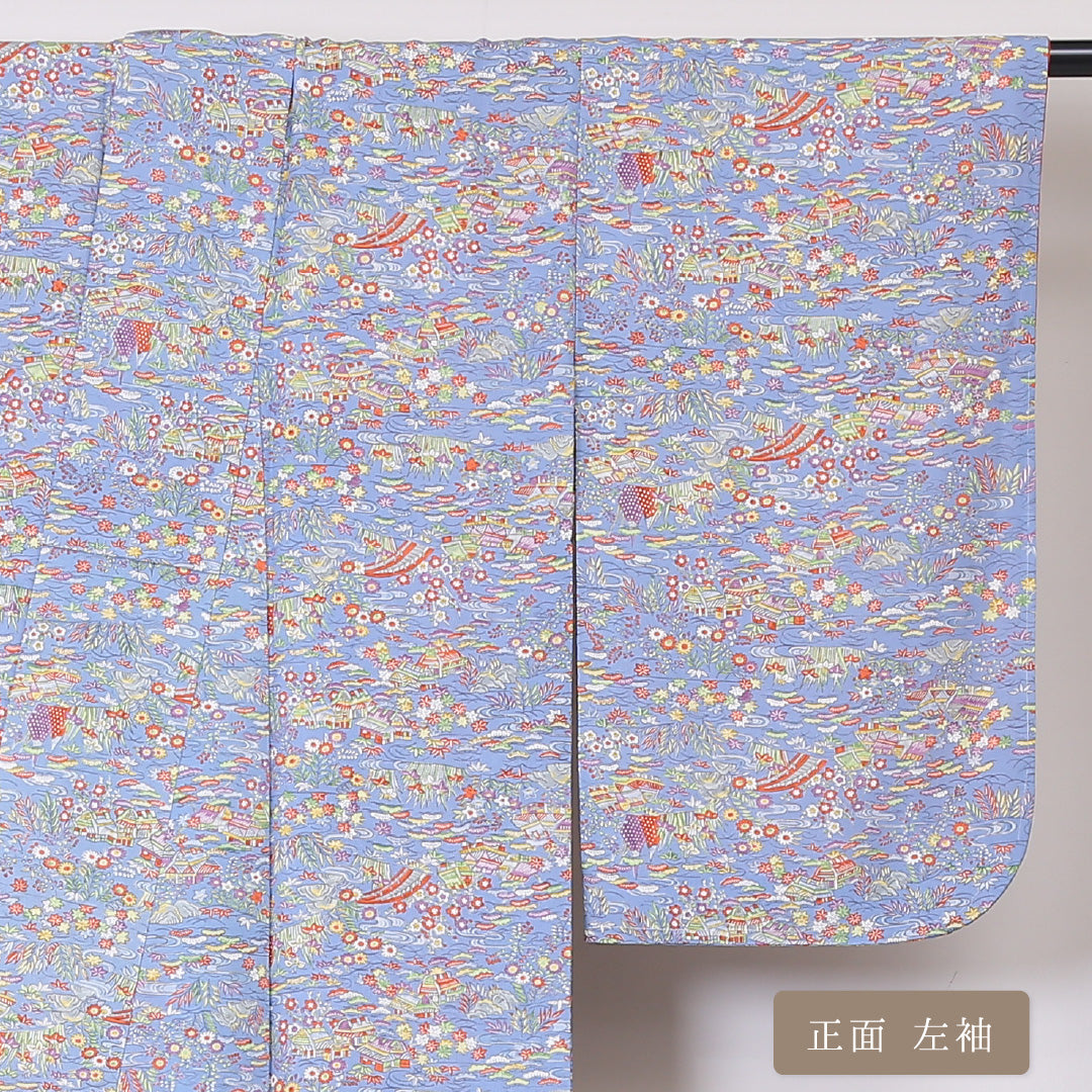 小紋 袷 身丈158cm 裄丈62cm 正絹 Aランク インフォーマル 広衿 Mサイズ 茶屋辻 水色系 RP 1221-01960