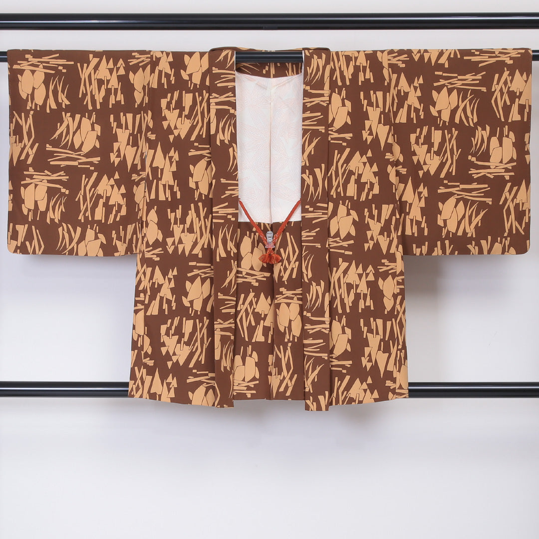 羽織 袷 身丈80cm 裄丈63cm 正絹 Sランク カジュアル Sサイズ 紐あり 創作柄 茶系 RP 1232-06014
