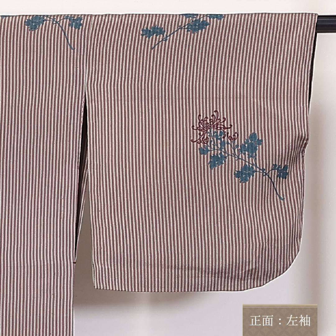 アンティーク 小紋 単衣 身丈146cm 裄61.5cm 正絹 菊 居敷当て 刺繍 縞 茶系 Cランク 1215-02305