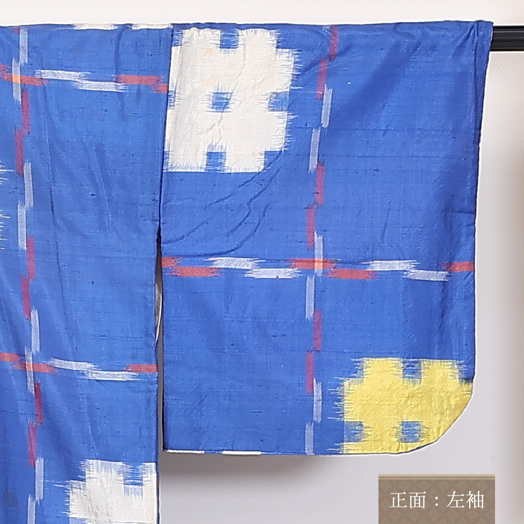 アンティーク 銘仙の着物 袷 身丈146cm 裄丈61cm 正絹 Cランク バチ衿 XSサイズ 井桁絣 青系 RP 1223-03746
