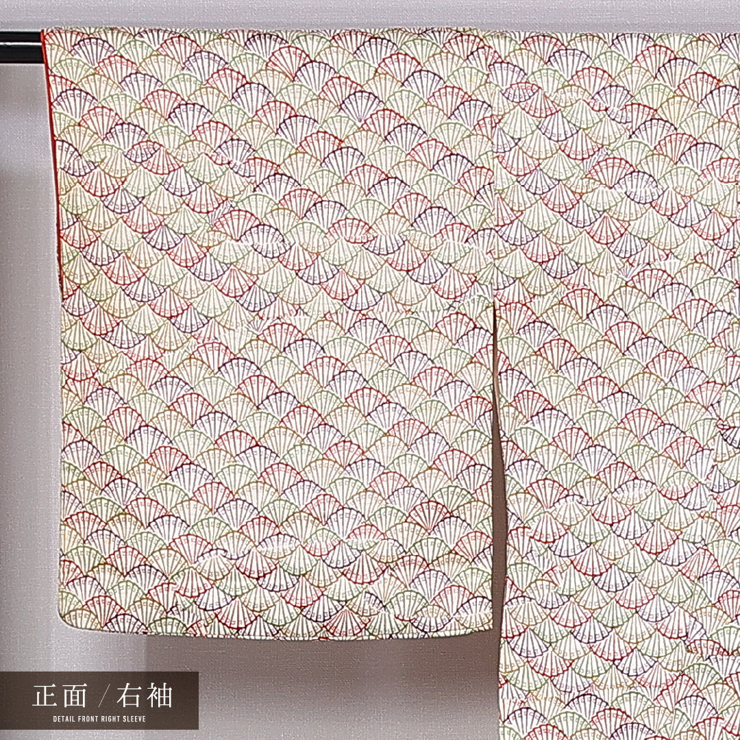 小紋 袷 身丈162cm 裄丈66cm 正絹 Bランク インフォーマル 広衿 Lサイズ 扇 クリーム系 HP 1221-11279