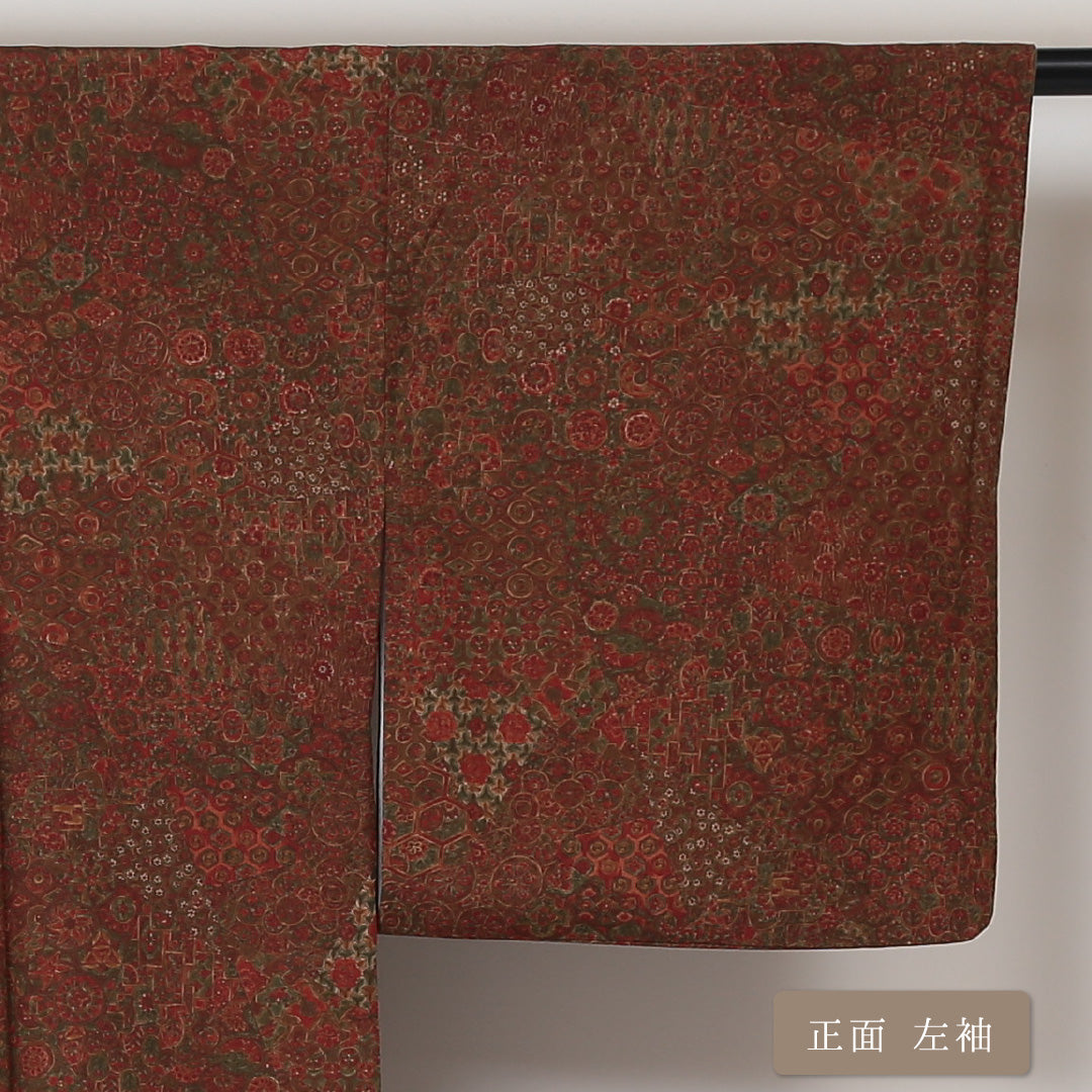 小紋 袷 身丈163cm 裄丈67cm 正絹 Aランク インフォーマル 広衿 Lサイズ 更紗 植物柄 茶系 HP 1221-01604