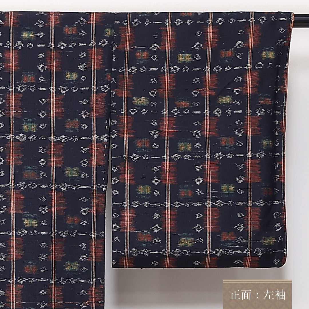 真綿紬 袷 身丈158cm 裄丈62cm 正絹 Aランク カジュアル 広衿 Mサイズ 縞 紺系 RP 1223-03830