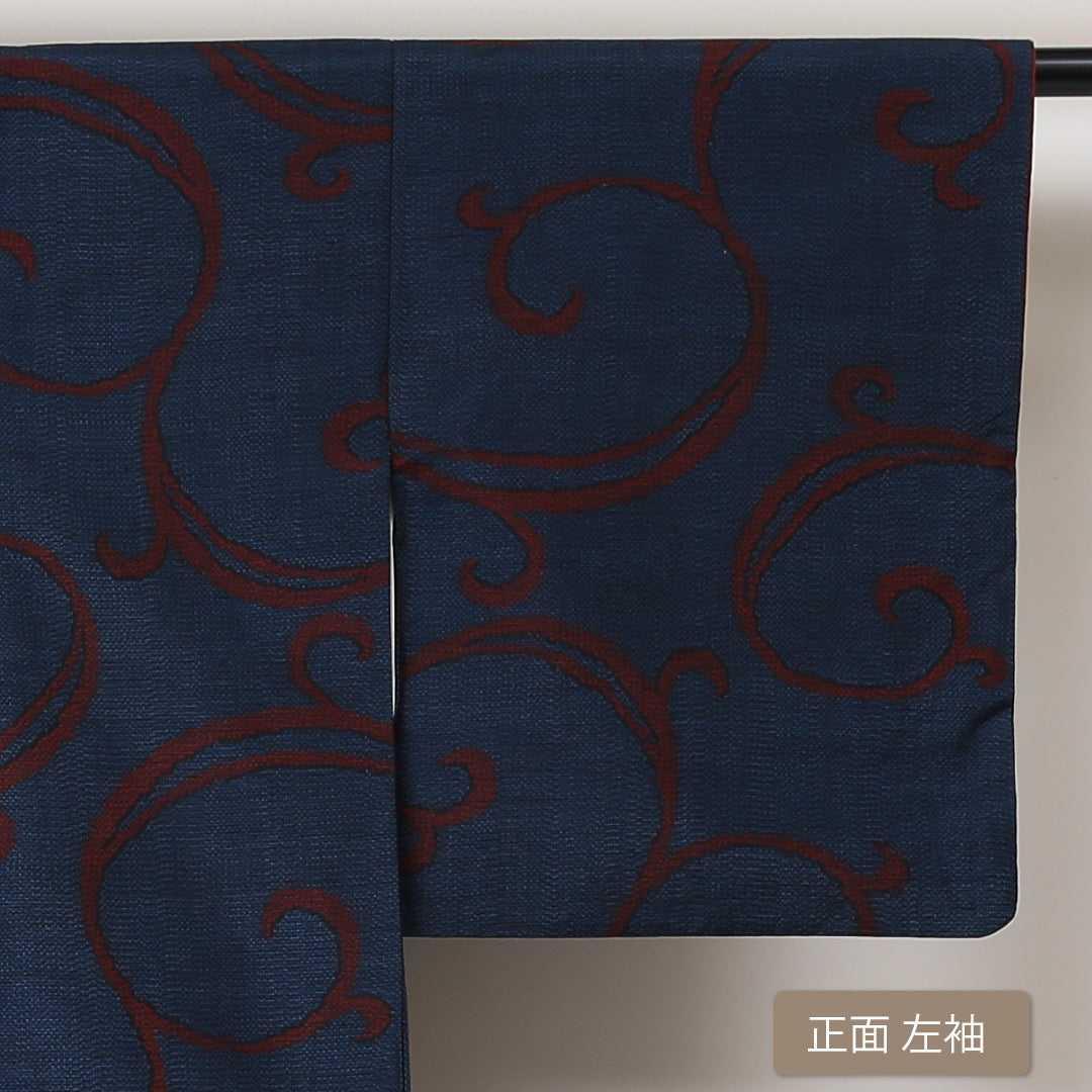紬 袷 身丈152cm 裄63cm 正絹 紺系 Aランク 真綿紬 唐草 1216-00539-3218 1216-00539