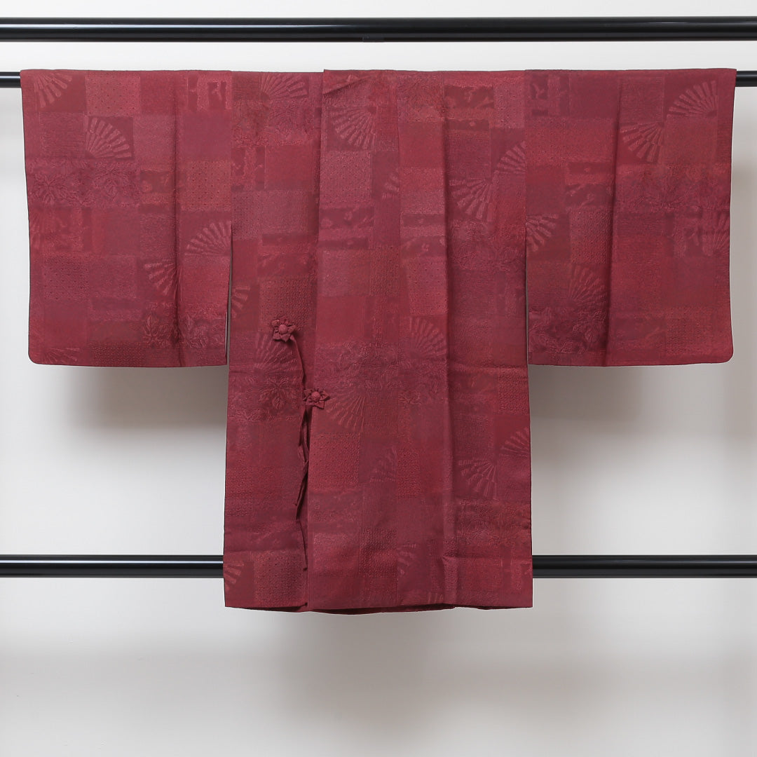 道中着 袷 身丈85cm 裄丈63cm 正絹 Aランク Sサイズ カジュアル ふくれ織 市松 赤系 1264-05748