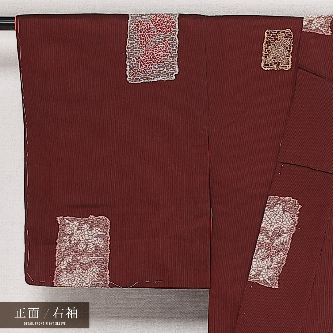 アンティーク お召 袷 身丈151cm 裄丈64cm 正絹 Aランク 広衿 Sサイズ 花絵札 赤系 RP 1222-13652
