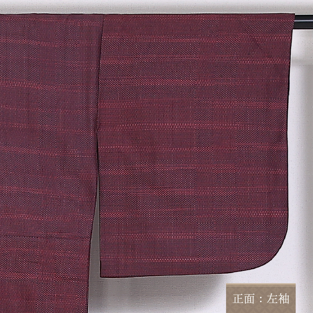 紬 単衣 身丈153cm 裄丈62cm 正絹 Sランク カジュアル 広衿 Sサイズ 居敷当て 肩当て よろけ縞 紫系 RP 1223-03946