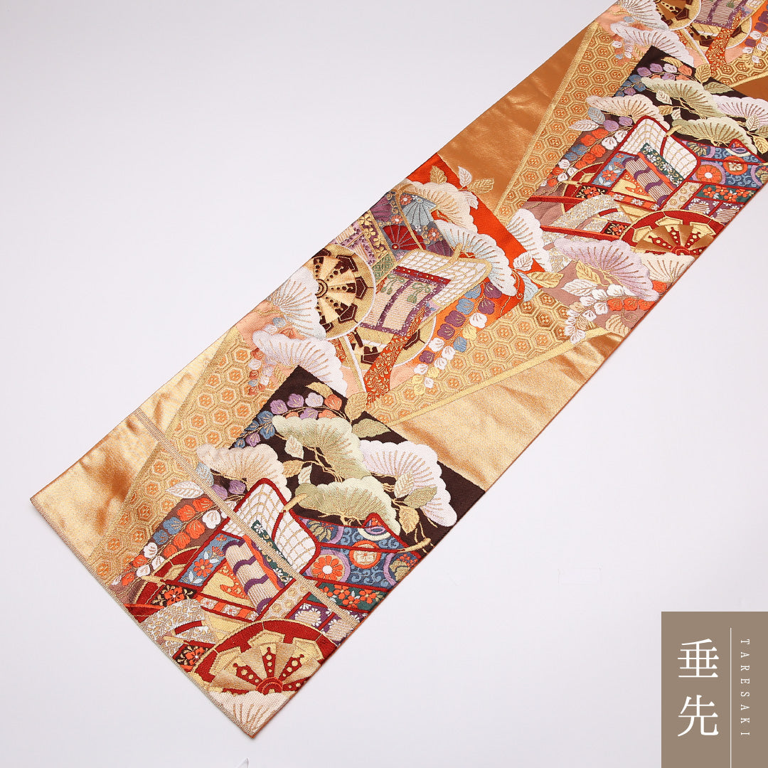 袋帯 帯丈0cm 正絹 六通 フォーマル 御所車 朱系 1243-01104