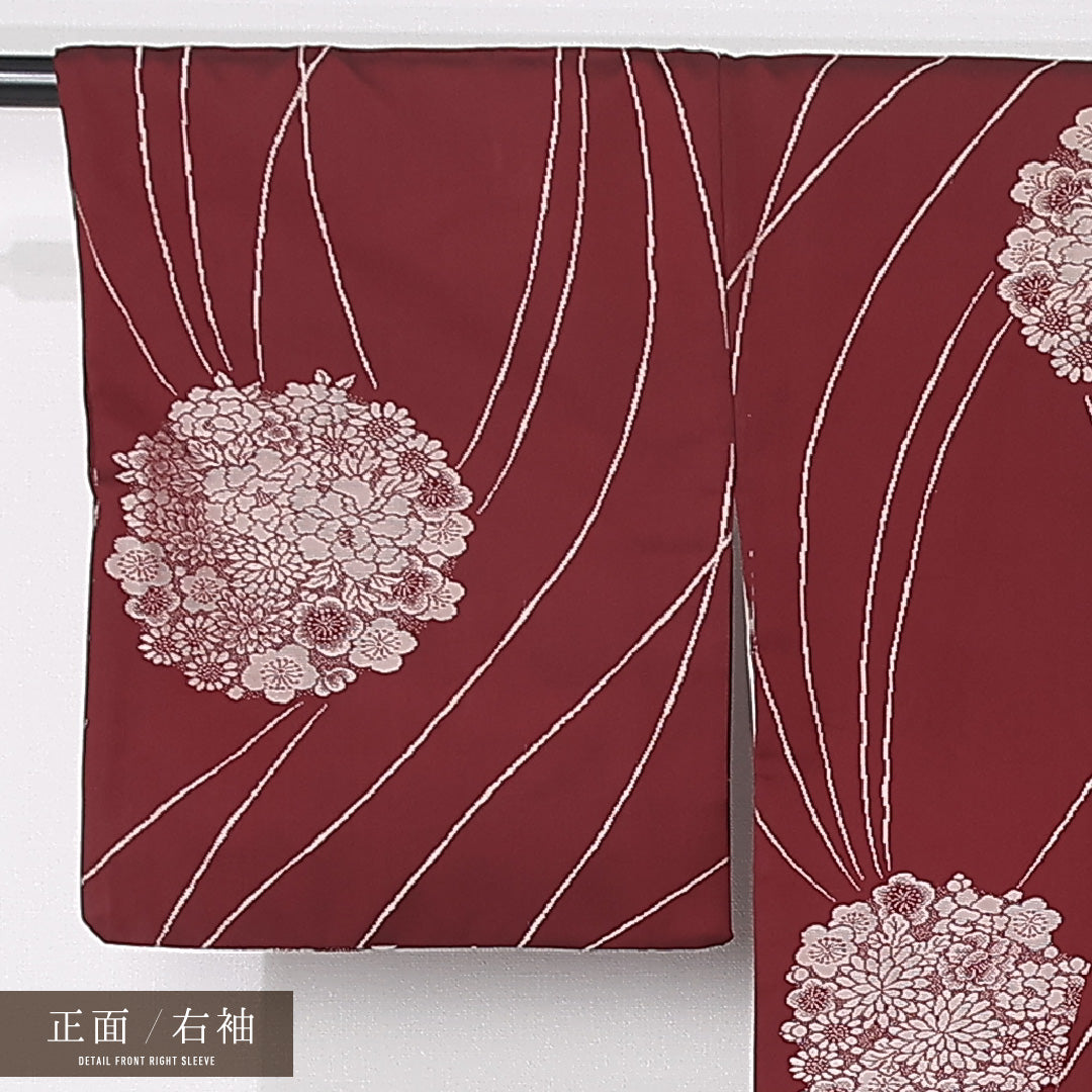 アンティーク 錦紗の着物 袷 身丈144cm 裄丈63cm 正絹 Cランク バチ衿 XSサイズ 花柄 赤系 M4 1223-12428