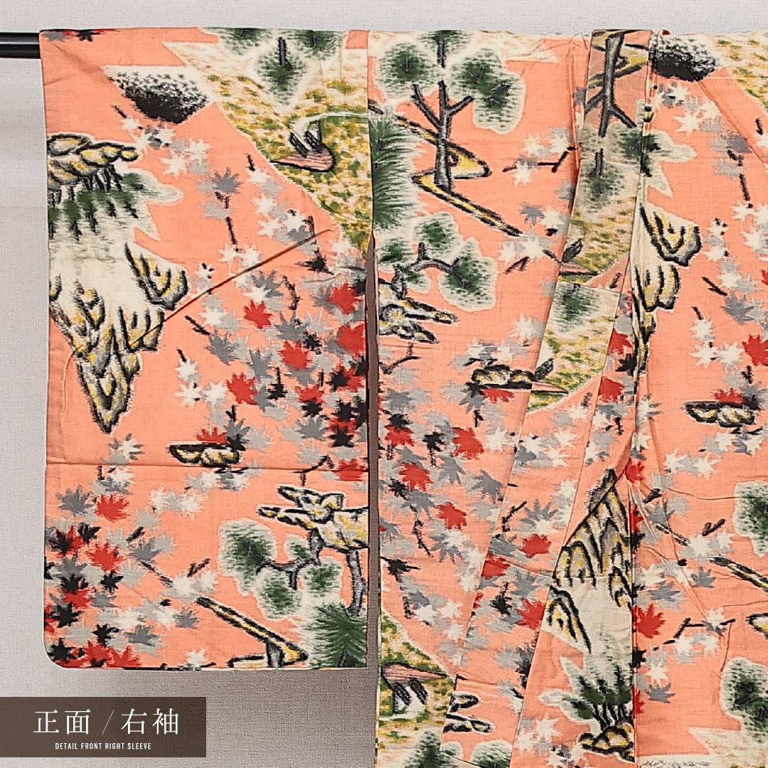 アンティーク 銘仙の着物 袷 身丈142cm 裄丈61cm 正絹 Cランク バチ衿 XSサイズ 山水 四季山野 朱系 PO 1223-14360