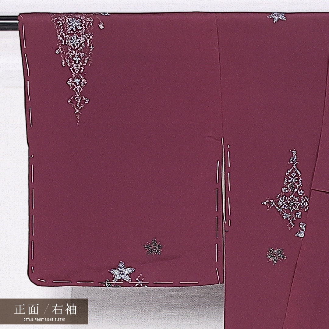 お召 袷 身丈147cm 裄丈61cm 正絹 Aランク インフォーマル 広衿 XSサイズ 漆糸 植物柄 紫系 RP 1222-11106