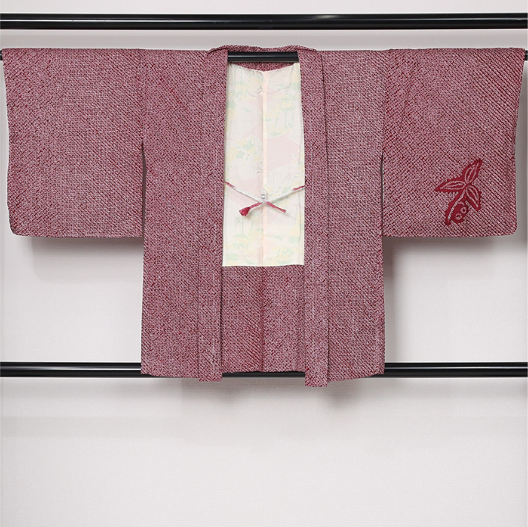 羽織 袷 身丈80cm 裄丈64cm 正絹 Sランク カジュアル Mサイズ 紐あり 植物柄 ピンク系 RP 1232-12807