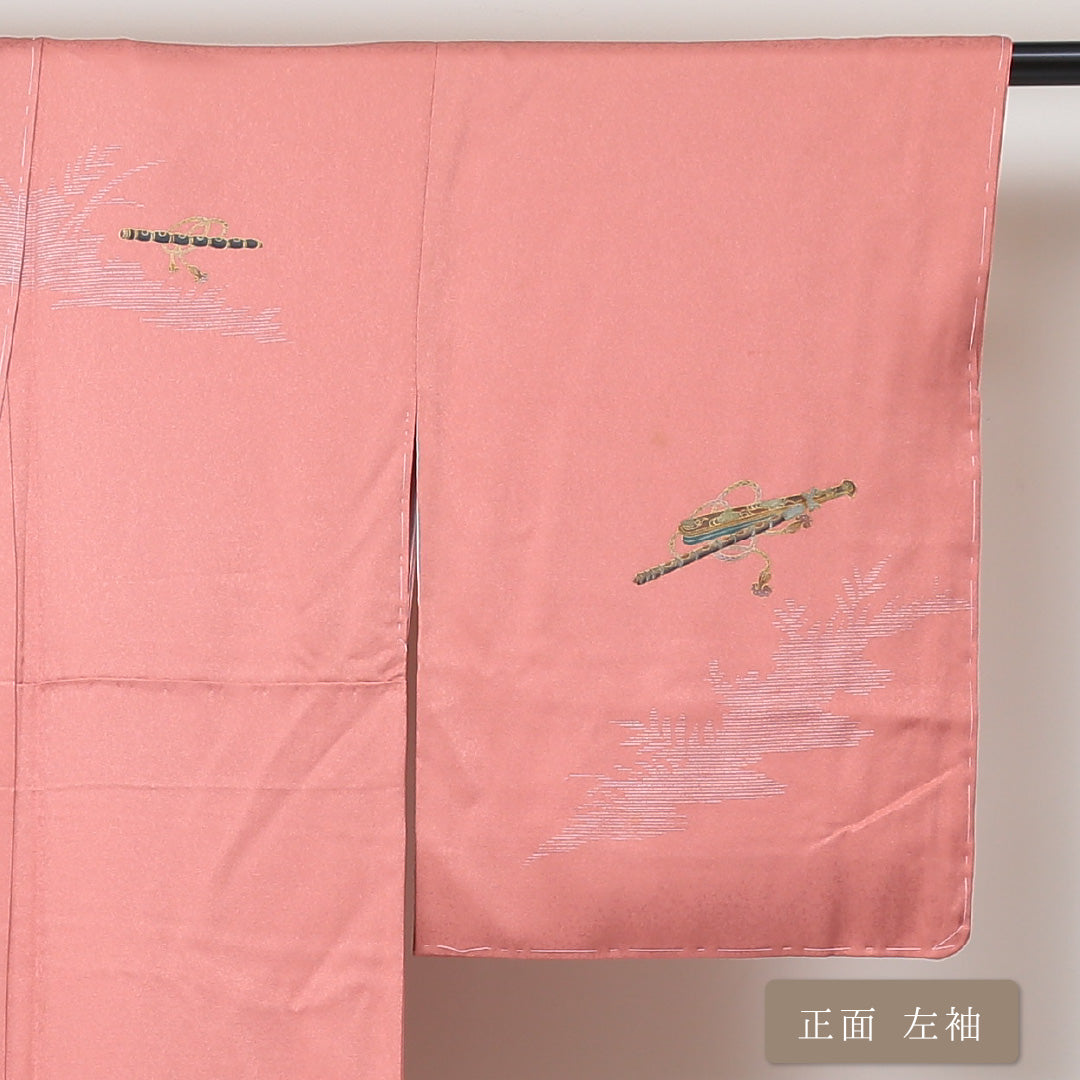 訪問着 袷 身丈165cm 裄丈65cm 正絹 Bランク セミフォーマル 広衿 XLサイズ ぼかし染 金彩 螺鈿 横笛 植物柄 ピンク系 PO 1217-04313