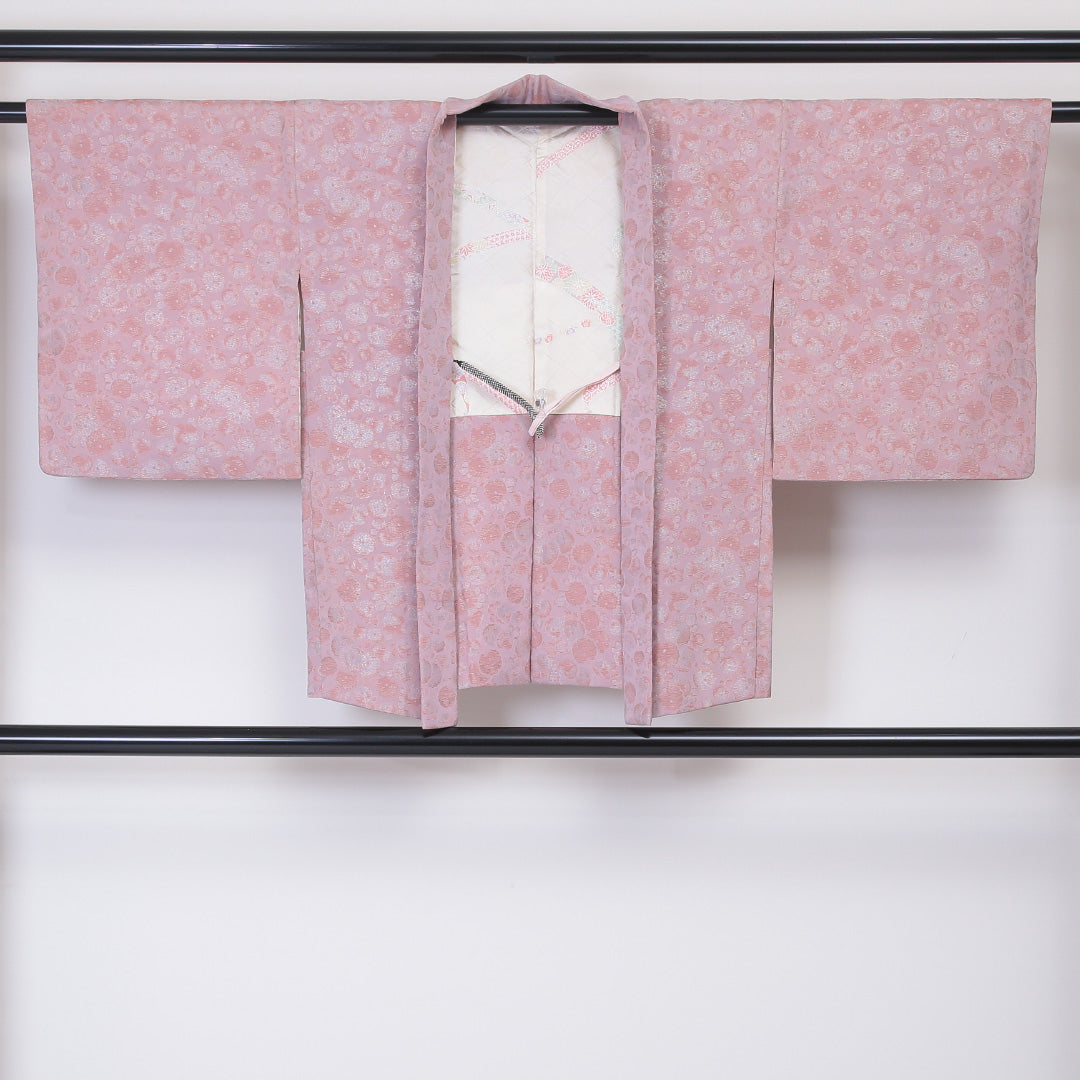 羽織 袷 身丈74cm 裄丈62cm 正絹 Bランク カジュアル Sサイズ 紐あり 花柄 ピンク系 HP 1232-05948