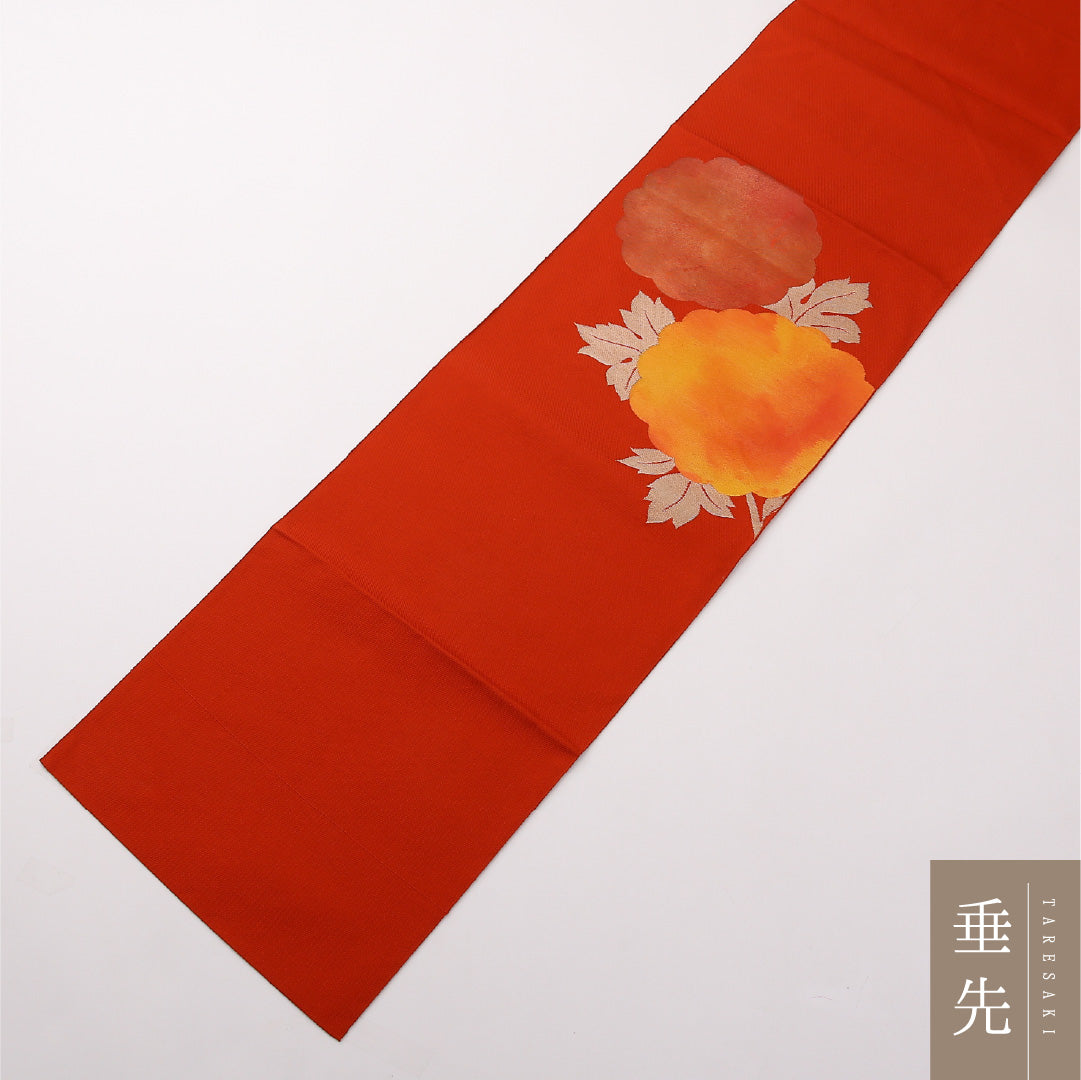 八寸名古屋帯 Sランク 帯丈361cm 正絹 ポイント柄 松葉仕立て 織り カジュアル 花柄 朱系 HP 1245-02247
