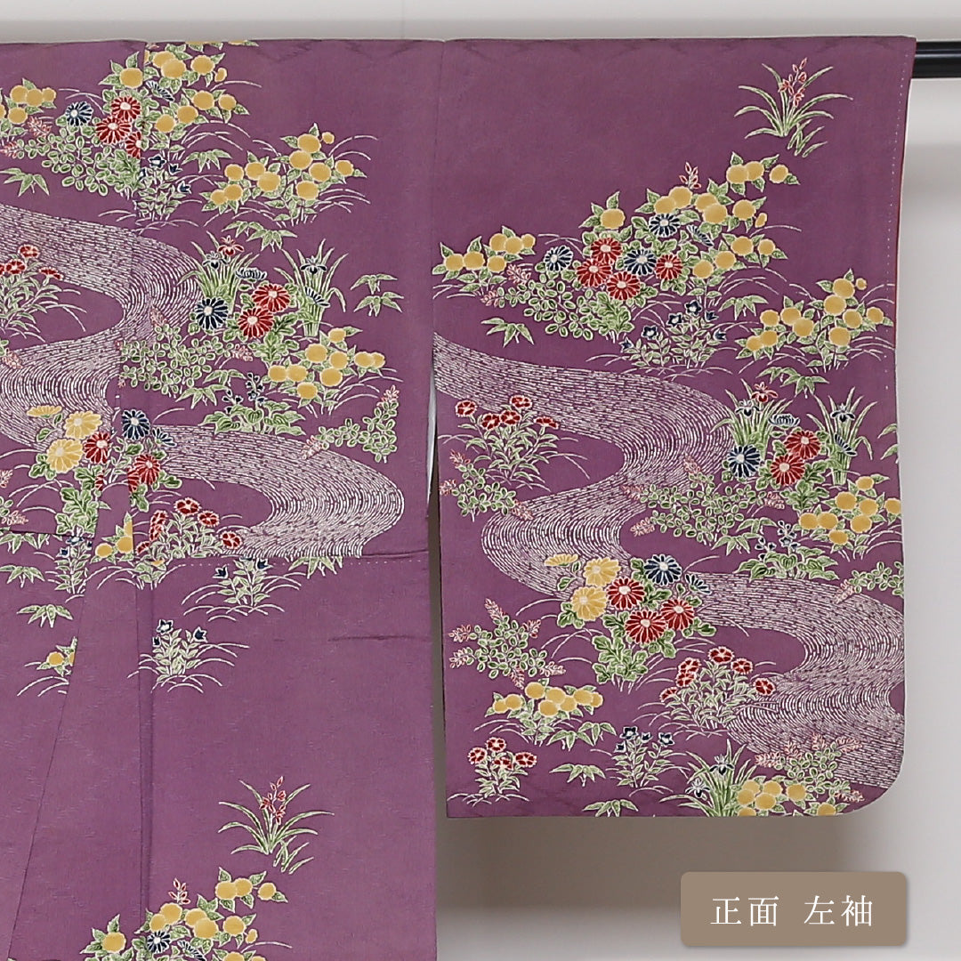 小紋 袷 身丈154cm 裄丈62cm 正絹 Aランク インフォーマル 広衿 Sサイズ 花柄 笹 紫系 RP 1221-01665