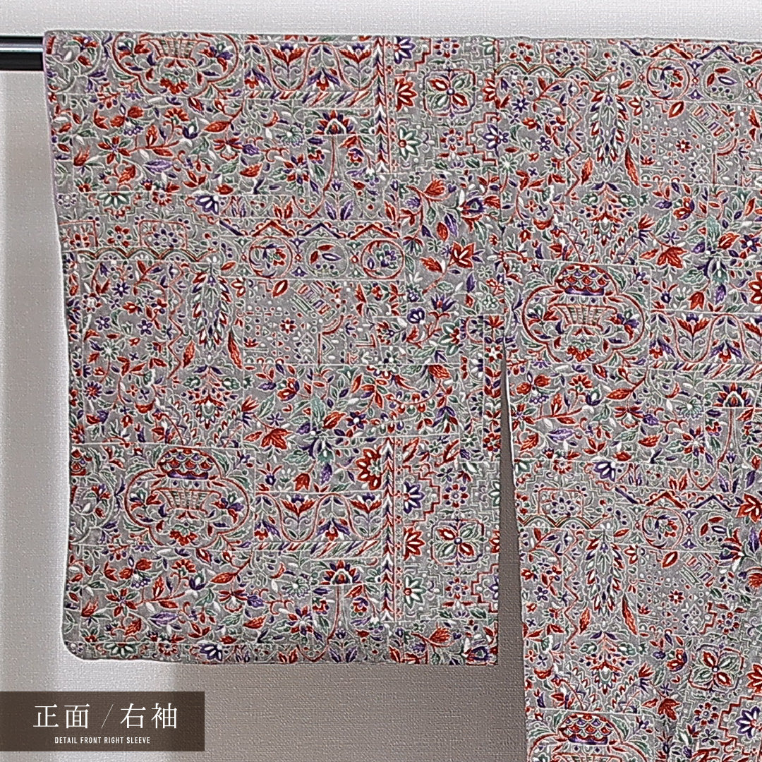 小紋 袷 身丈155cm 裄丈64cm 正絹 Aランク インフォーマル 広衿 Mサイズ 更紗 花柄 グレー系 RP 1221-14916