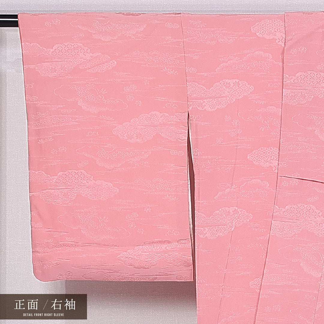 色無地 袷 身丈159cm 裄丈55cm 正絹 Sランク 紋意匠 (吉祥文様) インフォーマル 広衿 Mサイズ 織り出し 無地 ピンク系 RP 1219-11198