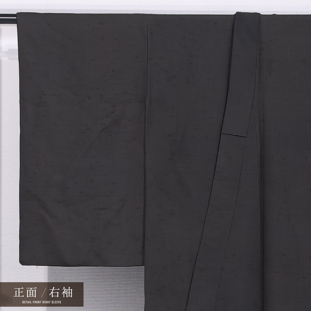 黒留袖 (紬地) 三つ紋 五三桐 身丈157cm 裄丈62.5cm Aランク 正絹 袷 広衿 M ひげ紬の後染め 雲取り 植物柄 セミフォーマル シック 粋 黒系 1211-F0564