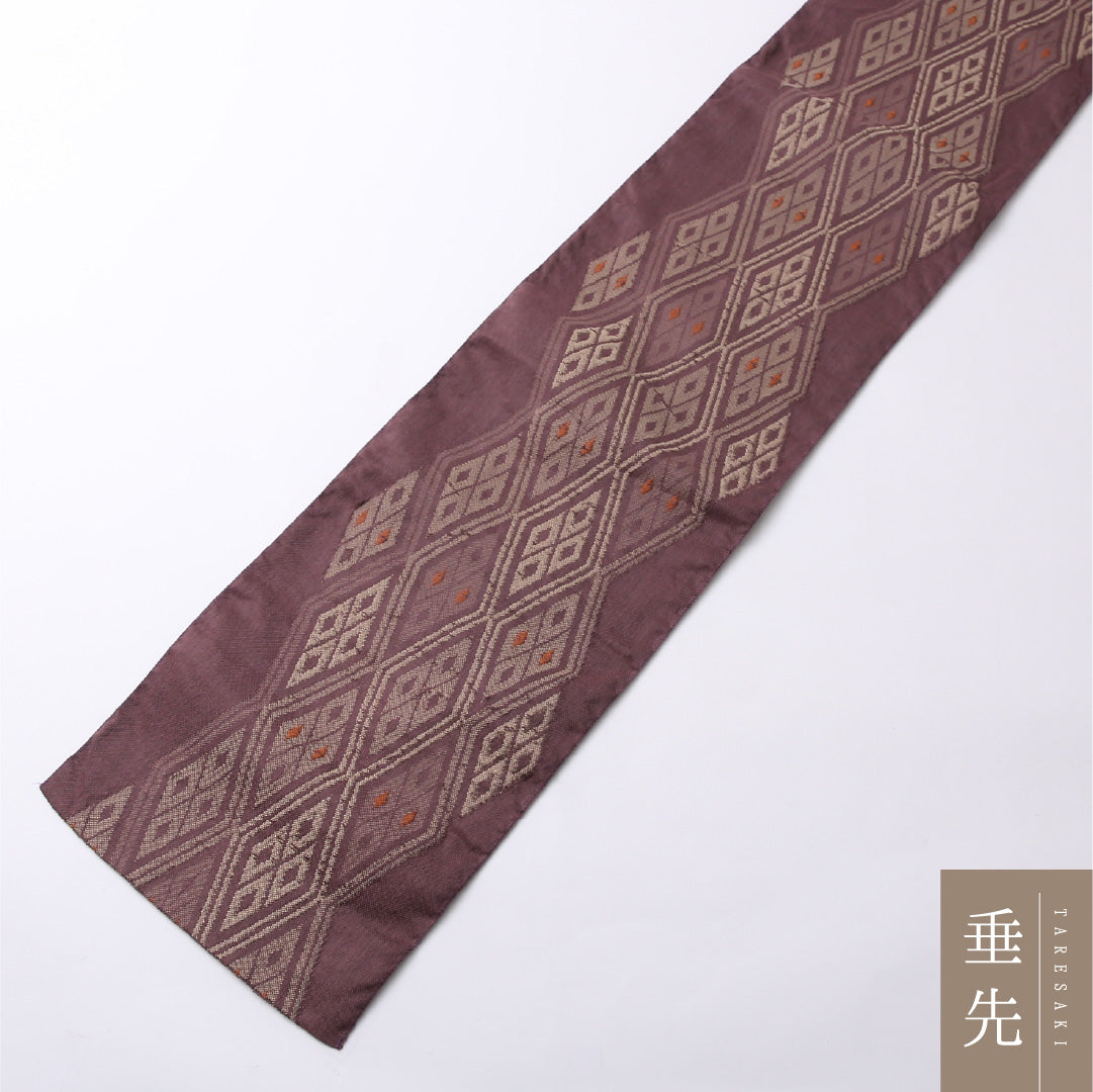 八寸名古屋帯 Aランク 帯丈376cm 正絹 六通 開き仕立て 織り カジュアル 紬 菱 紫系 RP 1245-02747