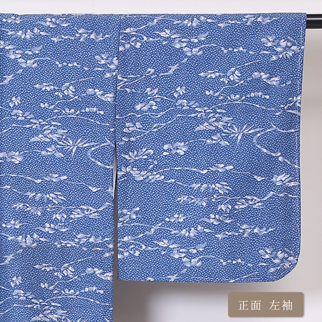 お召 袷 身丈149cm 裄丈62cm 正絹 Bランク インフォーマル バチ衿 XSサイズ しつけ糸 植物柄 青系 HP 1222-03277