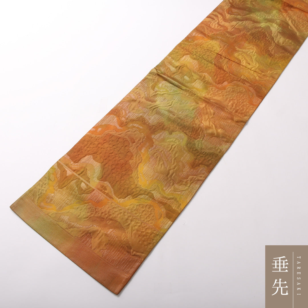 袋帯 帯丈412cm 正絹 六通 セミフォーマル ふくれ織 遠山 黄系 朱系 1243-01715