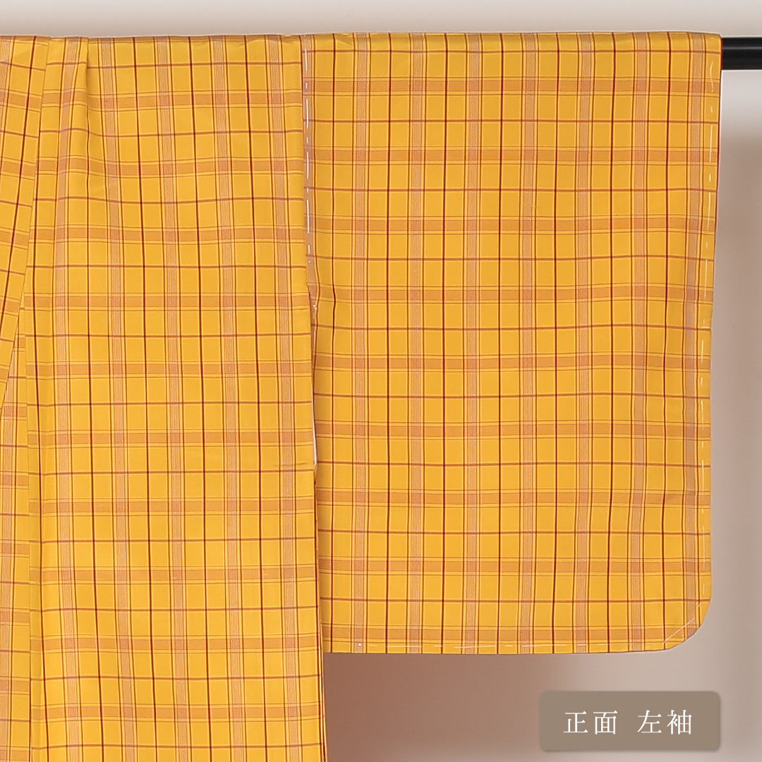 洗える着物 紬 袷 身丈162cm 裄丈62cm ポリエステル Sランク カジュアル 広衿 Lサイズ しつけ糸 格子 黄系 RP 1223-03080